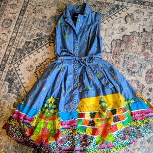 Blue Button-Front Sleeveless Cotton Dress with Bright Floral Border